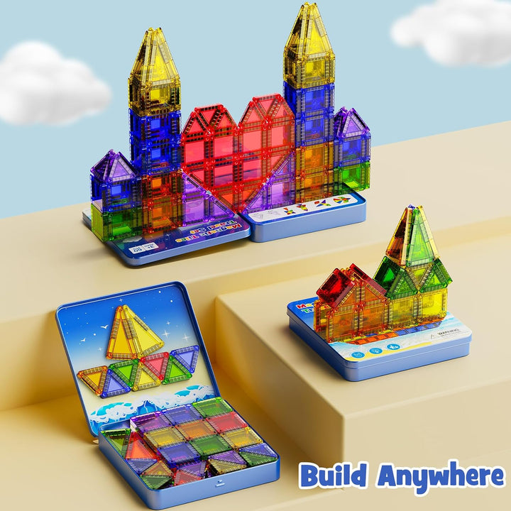 Magnetische Bausteine für Kinder 60pcs Magnetbausteine STEM Magnetische Tiles mit tragbarer Stahlbox