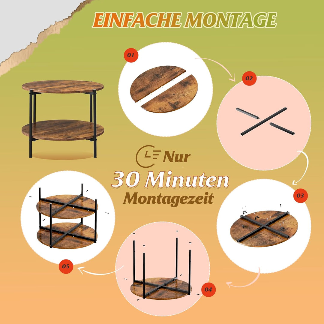 WLIVE Runder Couchtisch Weiss, Wohnzimmertisch Holz mit 2 Ebenen, Sofatisch mit viel Stauraum, für W