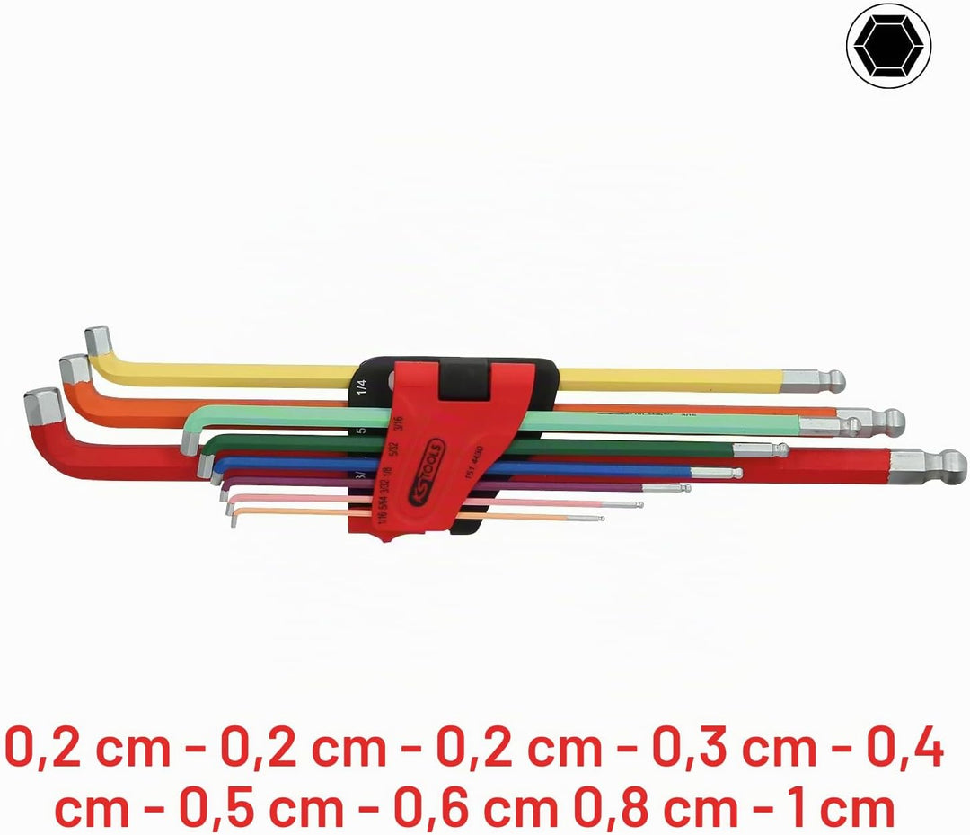 KS Tools 151.4430 Kugelkopf-Innensechskant-Winkelstiftschlüssel-Satz, 108° abgewinkelt, 9-tlg. Zoll