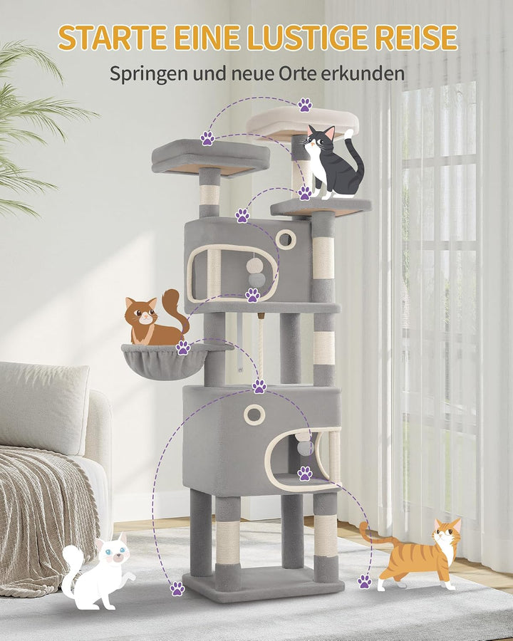 Hzuaneri Kratzbaum, 180 cm Katzenbaum mit 8 Kratzsäulen, 3 Plattformen, 2 Höhlen, Korb, Plüschbälle,