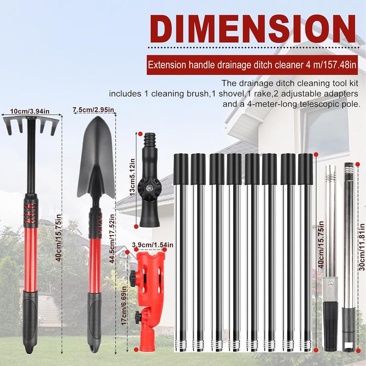 Dachrinnenreiniger 4m Teleskopstiel 3-in-1 180° Drehbar für Dach &amp; Garten