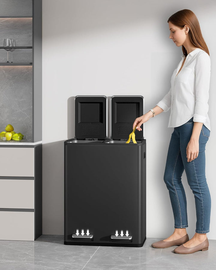 Hzuaneri Mülleimer Küche, 2 x 30 L, Mülltrennsystem 2 Fächer 60 L, Edelstahl-küchenmülleimer, Tretmü