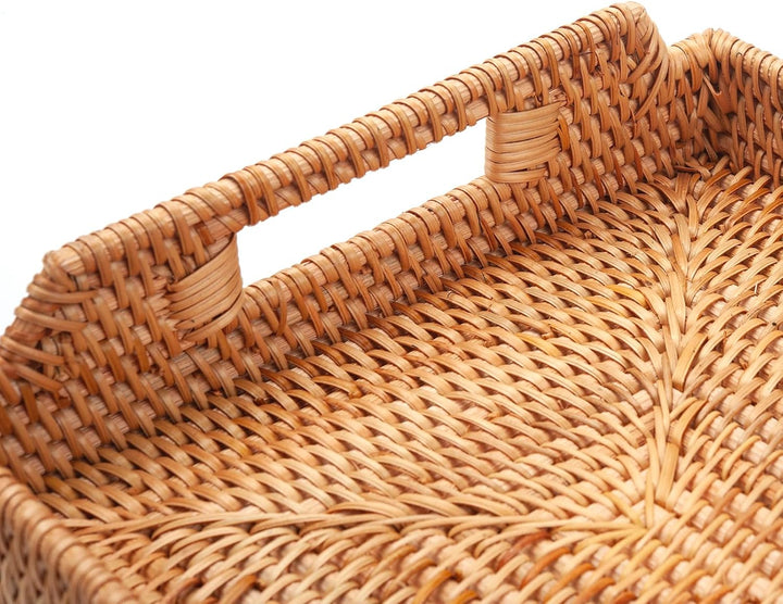XIMISISE Rechteckige Rattan Serviertablett, Handgewebtes Serviertablett mit Griffen, Wicker Servierk