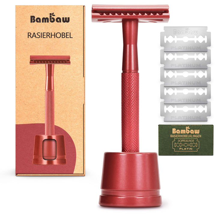 Bambaw Metall Rasierer Klassisch mit Rasierhobel Halter | Nassrasierer Herren und Damen mit 5 Rasier