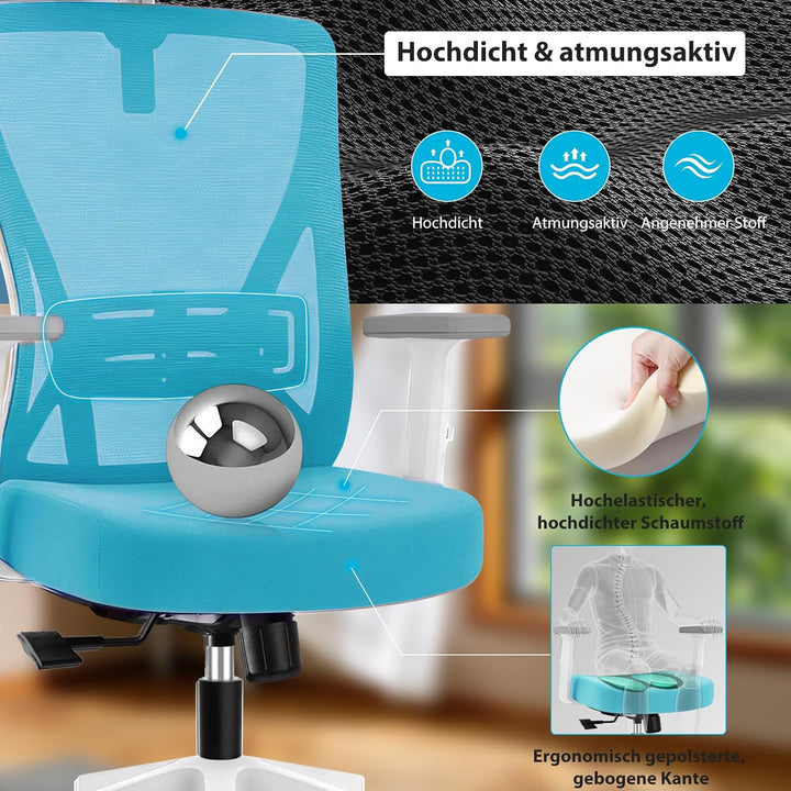 Bürostuhl ergonomisch, Schreibtischstuhl mit Kopfstütze, Lordosenstütze und höhenverstellbaren Armle