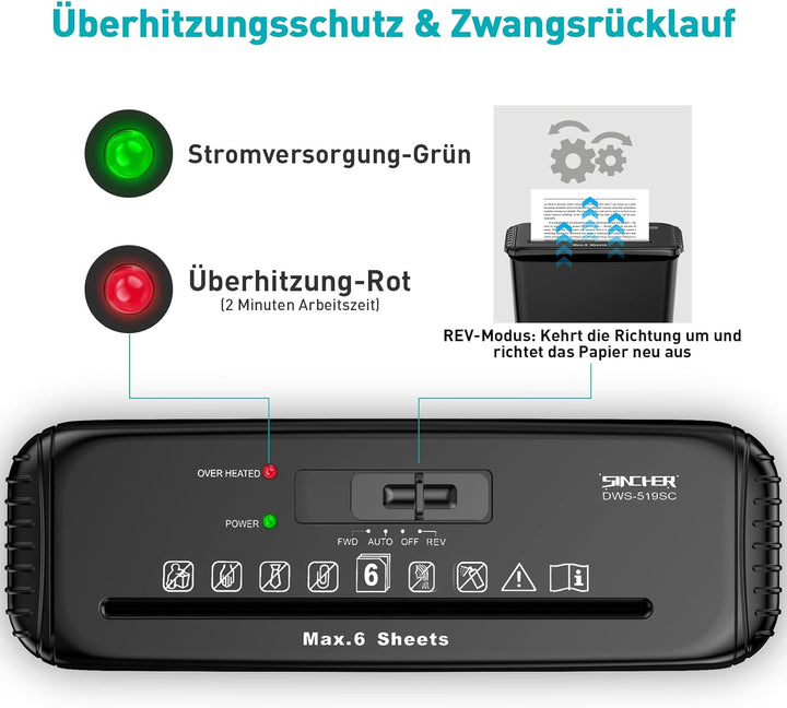 Aktenvernichter Streifenschnitt, 6 Blatt Kapazität,Kreditkarten Zerkleinerung, Überhitzungsschutz, S