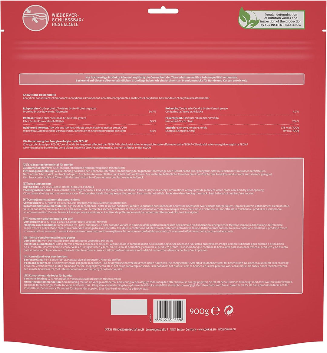 DOKAS Getreidefreier Premium Snack in Streifen für Hunde – Aus Entenbrustfilet, 900 g (4er Pack)
