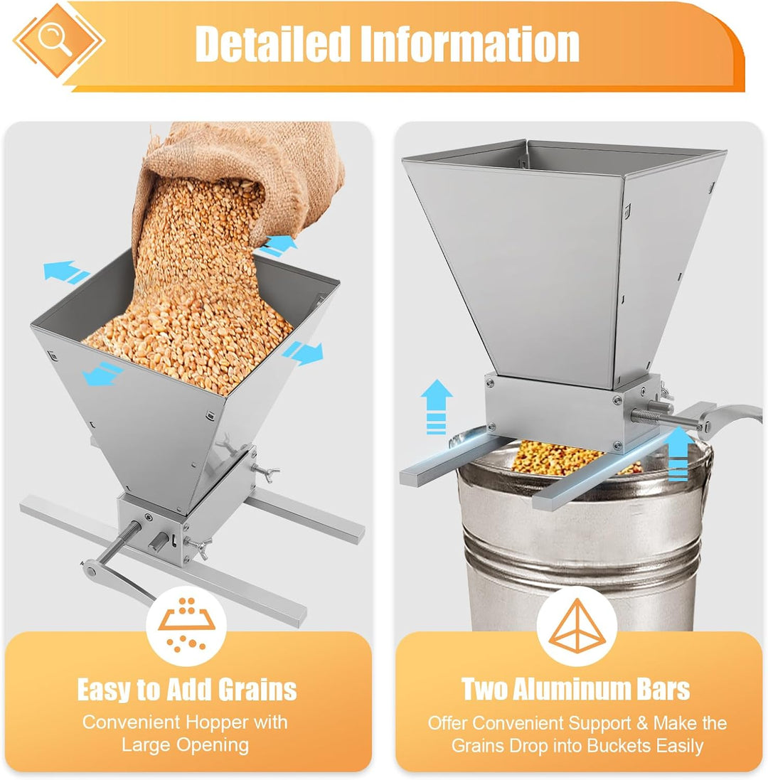 Manuelle Getreidemühle, 4L Malzmühle mit 2 Einstellbare Roller, Edelstahl Verstellbare Grainmühle mi
