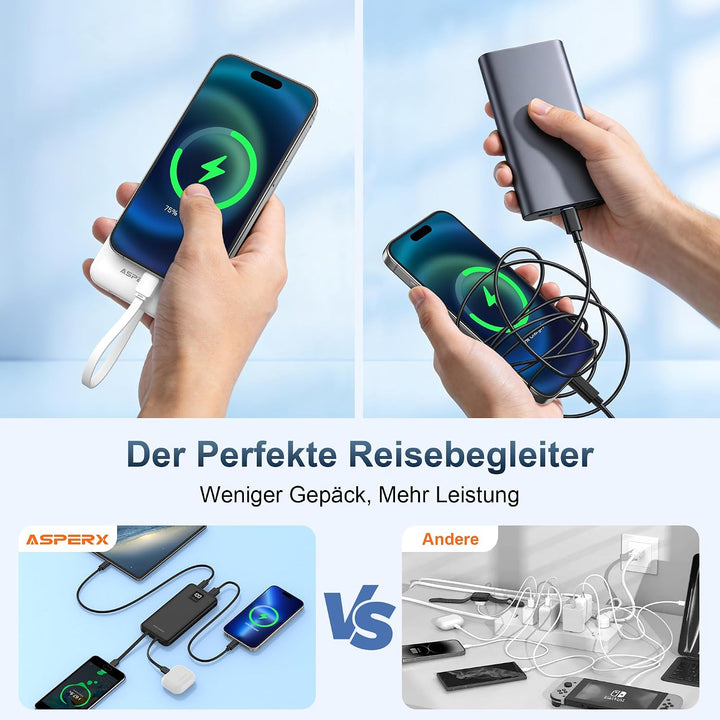 AsperX 2 Stück Powerbank 10000mAh mit USB-C Kabel Schnellladen Schwarz + Weiss, Schwarz + Weiss