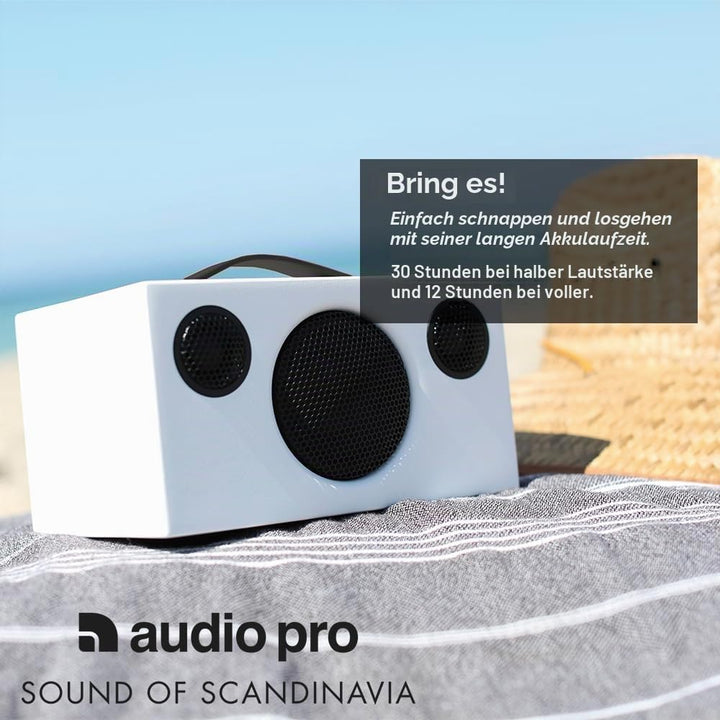 Audio Pro Addon T3+ White - Tragbarer Lautsprecher mit Bassreflexbox, Bluetooth &amp; WiFi - Kabelloser