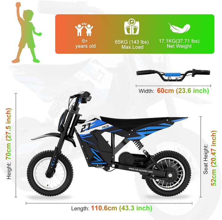 RCB TECH R9X Elektro Motorrad Kinder, Elektromotorrad mit 3 Geschwindigkeitsmodus, Max 25km/h, 36V/5