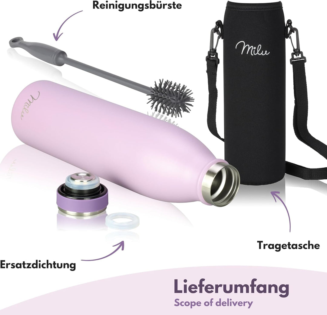 Milu Edelstahl Trinkflasche 350ml, 500ml, 750ml, 1L, 1,5L – Thermosflasche für Kinder Erwachsene aus