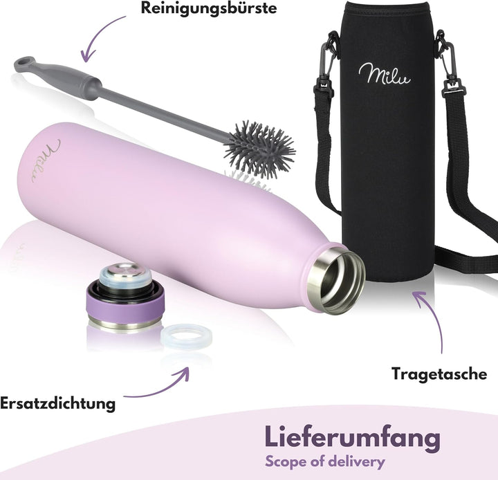 Milu Edelstahl Trinkflasche 350ml, 500ml, 750ml, 1L, 1,5L – Thermosflasche für Kinder Erwachsene aus