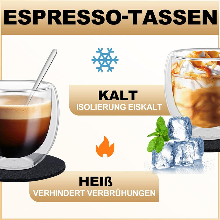 Espressotassen Set, Doppelwandige Gläser, 4 X 80 Ml