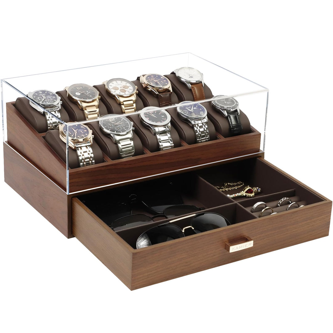 KAMIER Edle Uhrenbox Herren mit 10 Fächern, 2 Ebenen, Acryl-Deckel, Schublade &amp; herausnehmbaren Kiss