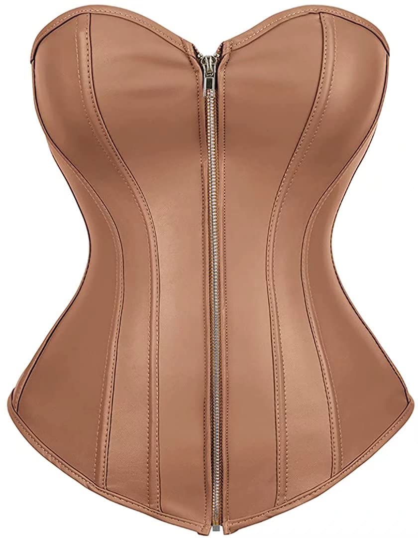 Josamogre Leder Korsett Top Damen Corsage Reissverschluss Sexy 7XL Brown, 7XL Brown