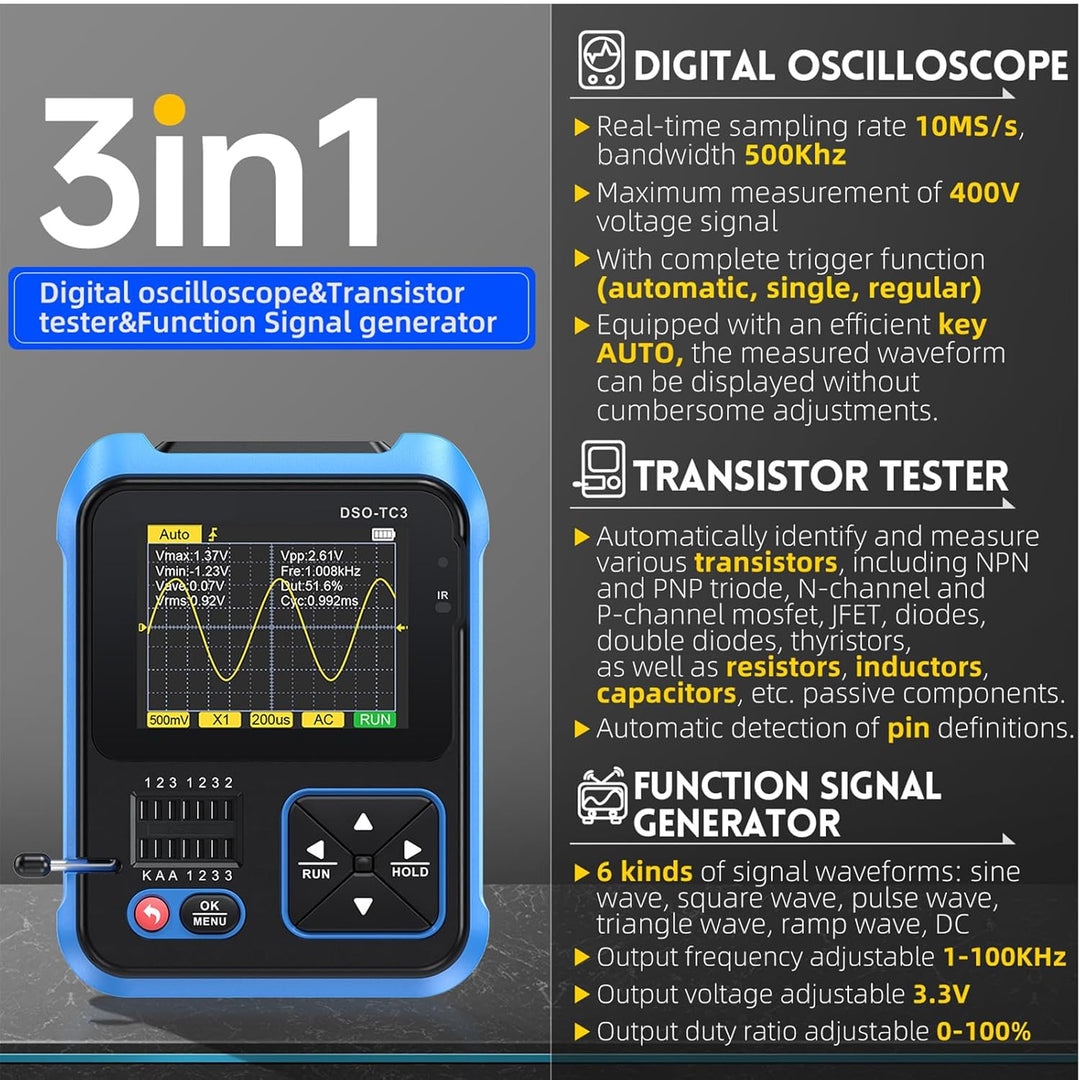 Jadeshay Oszilloskop, DSO-TC3 3-in-1 tragbares digitales Handoszilloskop, Transistortester und Signa