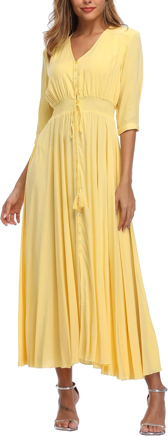 Damen Lange Split Knopf Up Sommer Maxikleid Floral Strandwear Holidy Kleid Hohe Taille mit kurzen Är