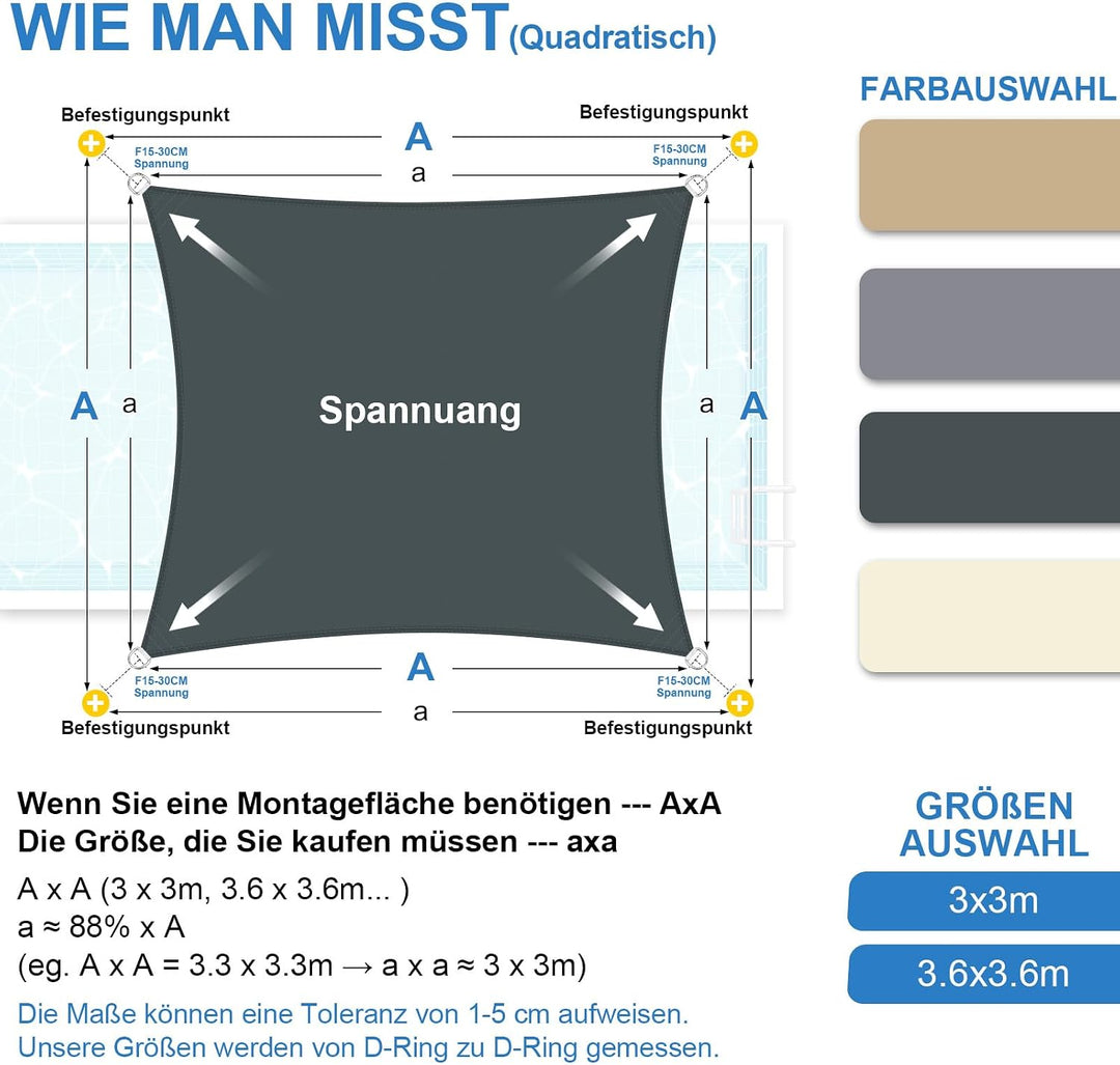 3x3m Sonnensegel Rechteckig Wasserdicht Sonnenschutz, Anthrazit Anthrazit 3x3m, Anthrazit 3x3m