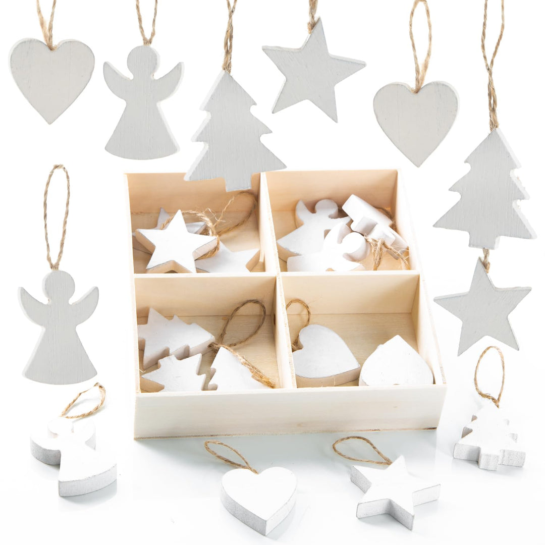 24 Holzanhänger Weiss Weihnachten – Sterne, Engel, Herzen &amp; Bäumchen – 3,5–4,5 cm – Baumschmuck &amp; Ge