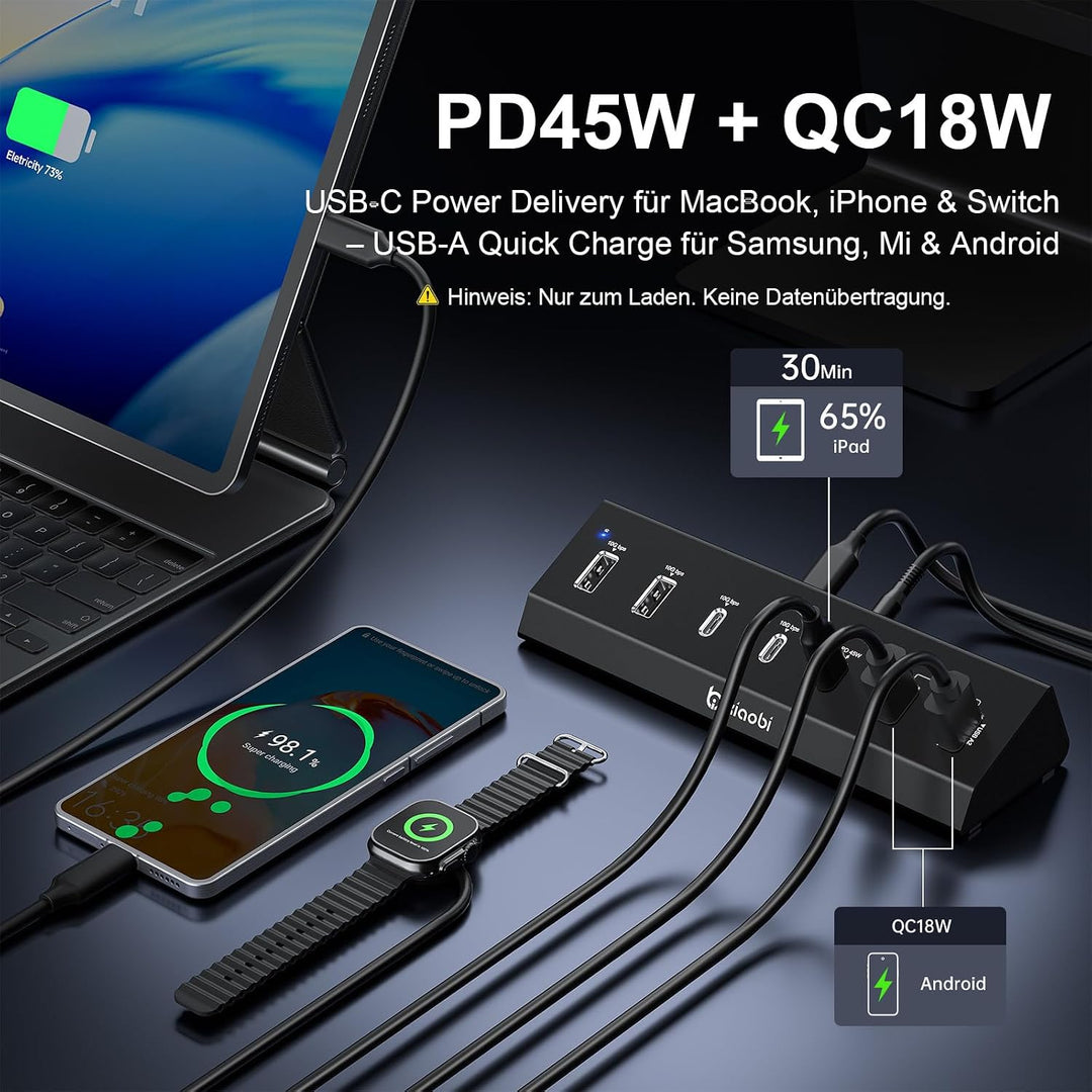 7-in-1 USB-C-Hub mit 10Gbps Datenübertragung, PD45W und QC18W Schnellladung Schwarz, Schwarz