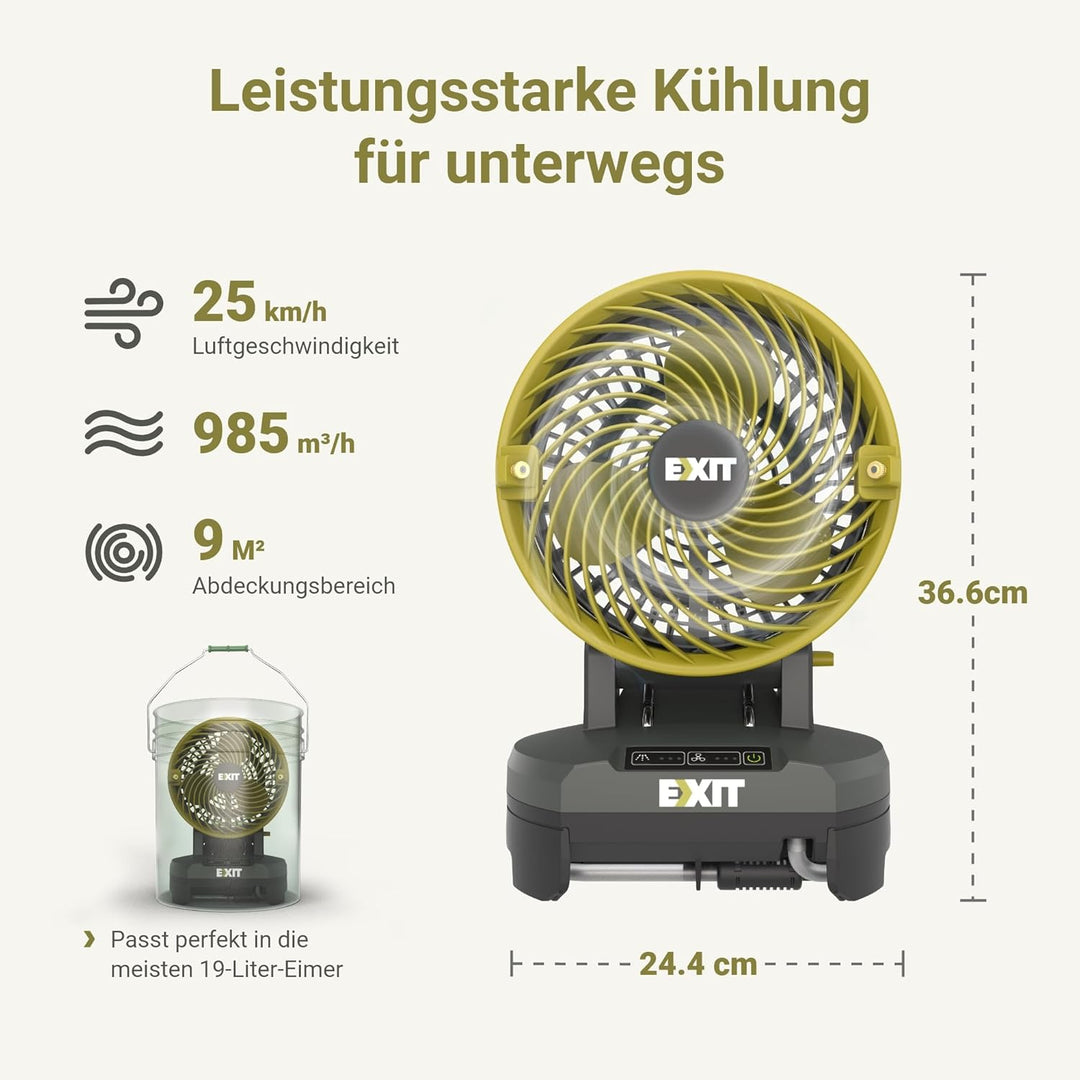 EXIT Akku-Nebelventilator EX022 20V,ideal für Camping, Grillpartys &amp; Strand