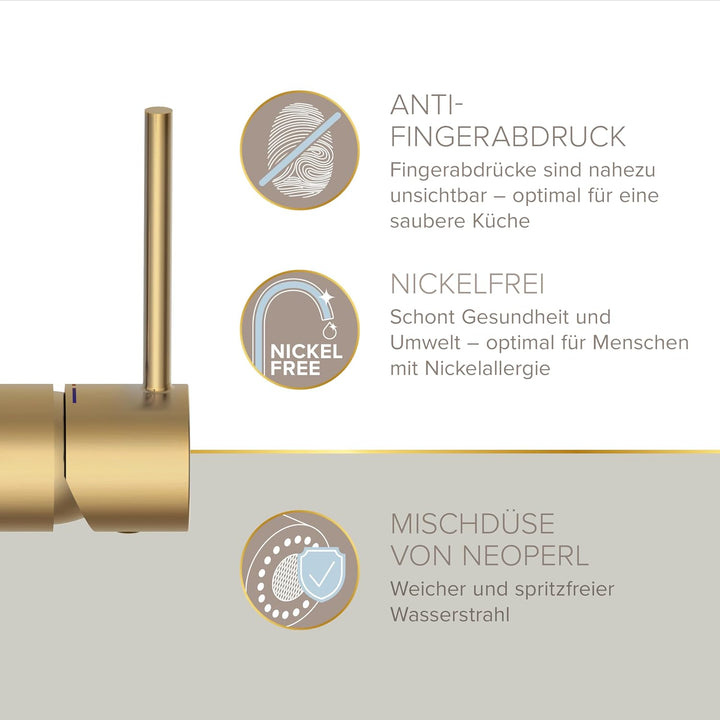 Lenz Küchenarmatur KALANI² in Gold-Optik – Pendelbrause mit 2 Strahlarten &amp; 360° schwenkbarer Bogena