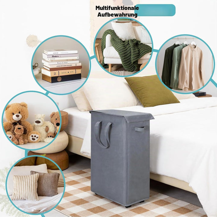 Slim Wäschekorb mit Deckel 55L, Wäschebeutel mit Rollen, atmungsaktiv, zusammenklappbar, schmal,für