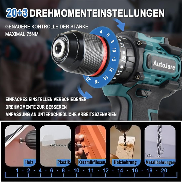 Akku Schlagbohrschrauber Kompatibel mit Bosch 18V Bürstenloser Bohrschrauber 20+3 Drehmomentstufen 7