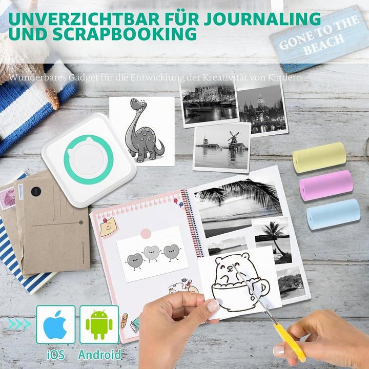 ZAKVOP Mini drucker 300DPI, Mini drucker Aufkleber, Mini drucker für Smartphone, Bluetooth tragbarer
