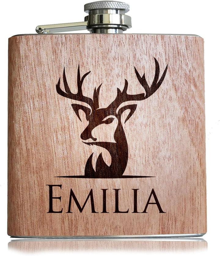Pixelstudio Holz Flachmann mit Hirsch Gravur personalisiert mit Name! Mit Geschenkset als Männer Ges