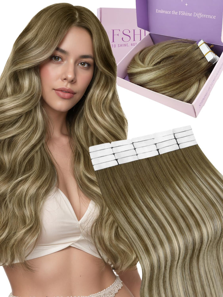 Fshine Tape Extensions Echthaar 35CM 50 Gramm Echt Haar Farbe Mittelbraun Mit Blond Balayage Mittelb