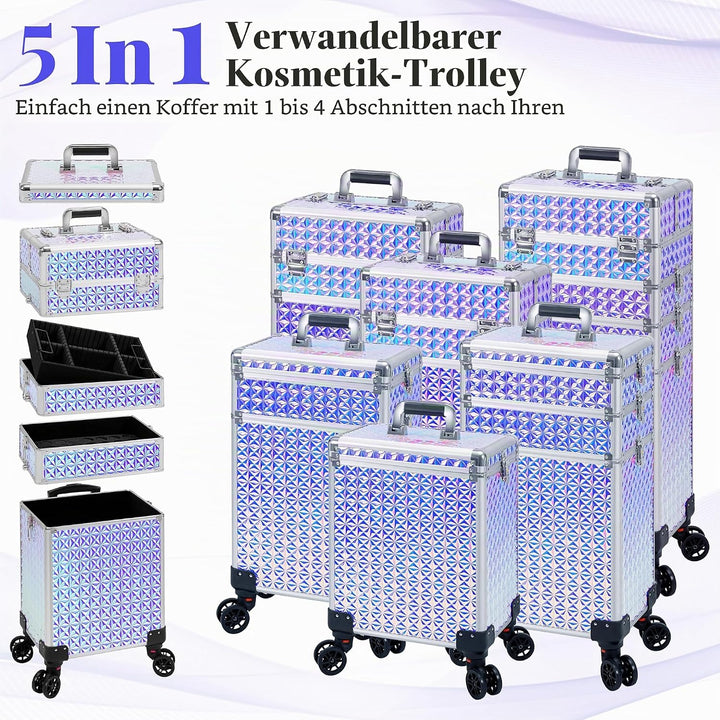 Arous 5-in-1 Profi-Kosmetikkoffer, Aluminium, mit 360° drehbaren Rädern Silber, Silber