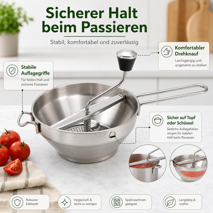 Passiergerät aus Edelstahl ergonomisch Anti-Rutsch Drehbar mit 3 Grinding Plates Passiermühle Edelst