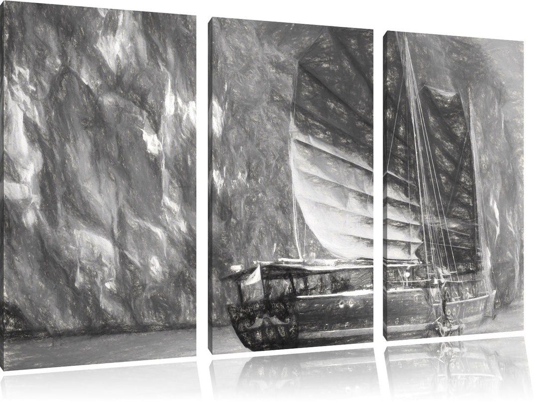 Pixxprint chinesisches Segelschiff 3Teiler 120x80 cm Leinwandbild Wandbild Kunstdruck