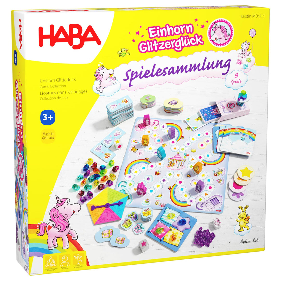 HABA Einhorn Glitzerglück Spielesammlung – 9 in 1 Spiele Set: Würfel-, Brett- &amp; Kartenspiele für Kin