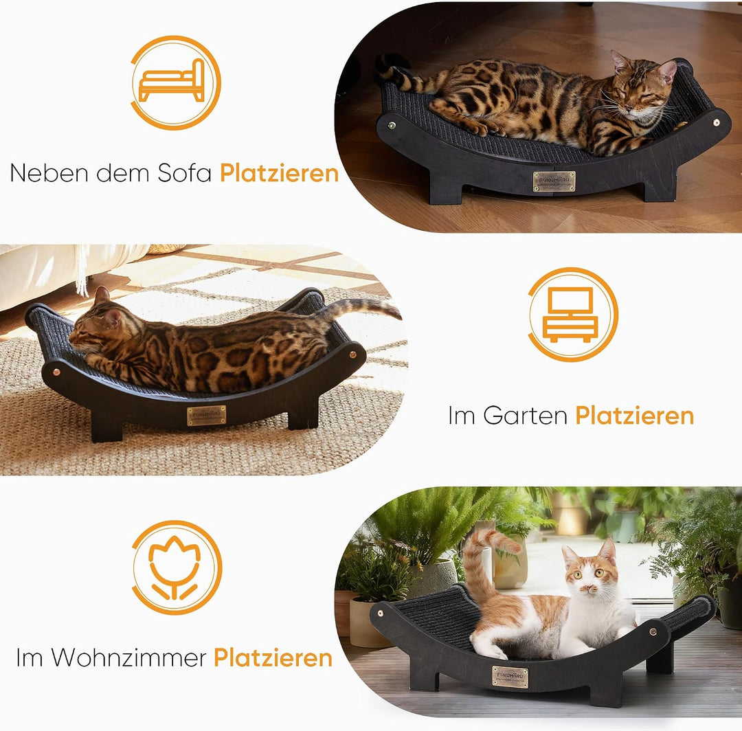FUKUMARU Sisal Kratzbrett Holz, 70 cm strapazierfähiges Kratzbaum-Bett für Wohnungskatzen, Hängematt