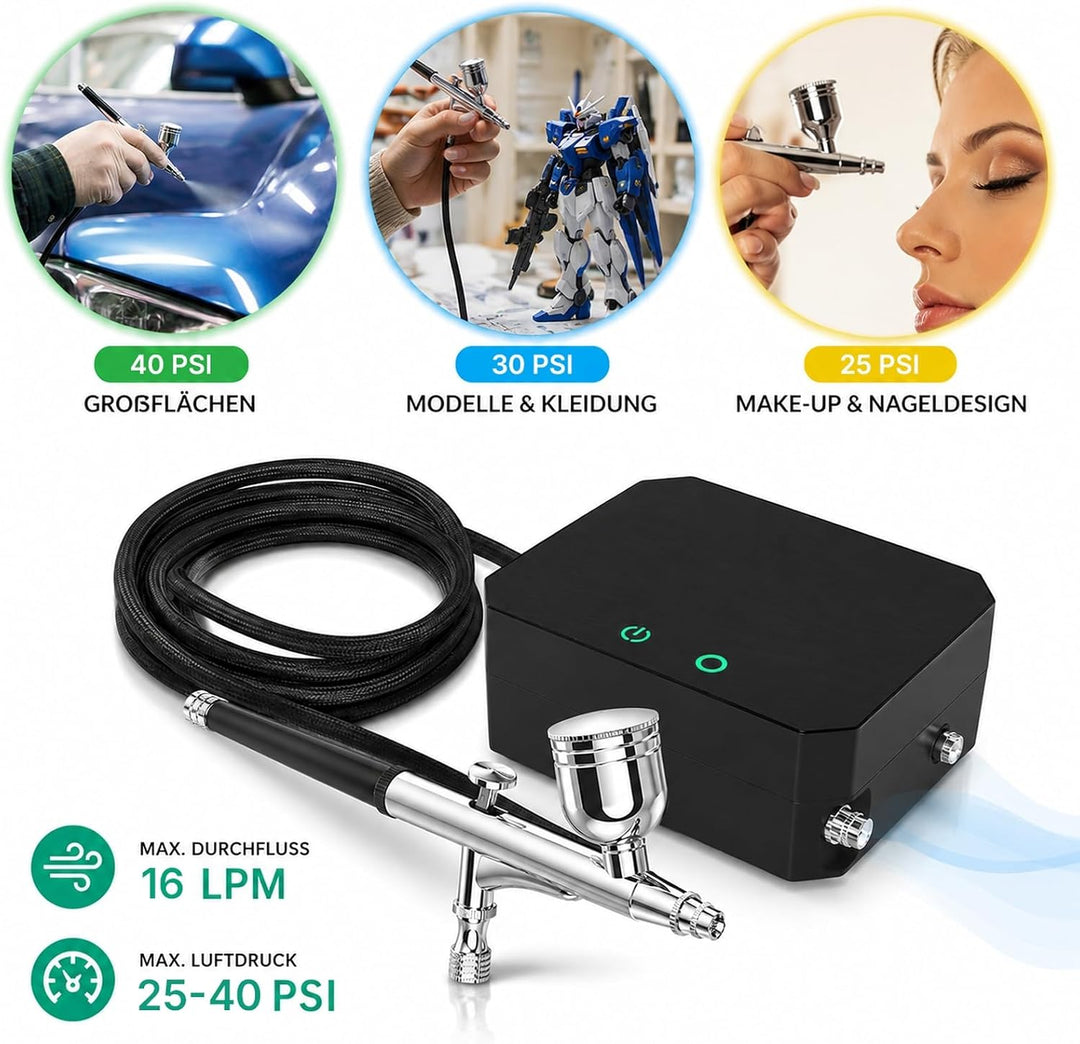 Airbrush Set 40 PSI Kompressor 0,2/0,3/0,5 mm Düsen Modellbau Torten