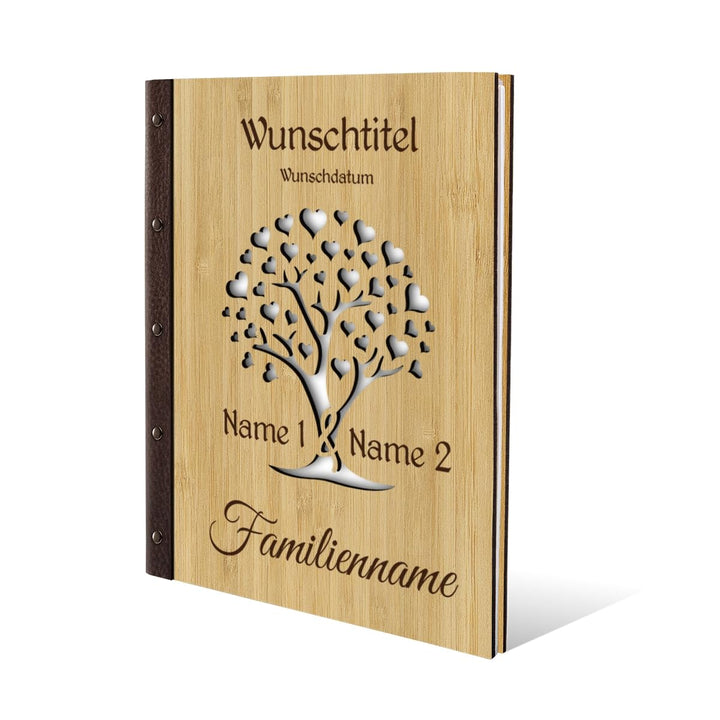 Kartenmachen.de Familien Stammbuch Bambus mit Lederrücken Holzcover mit individueller Gravur inkl. E
