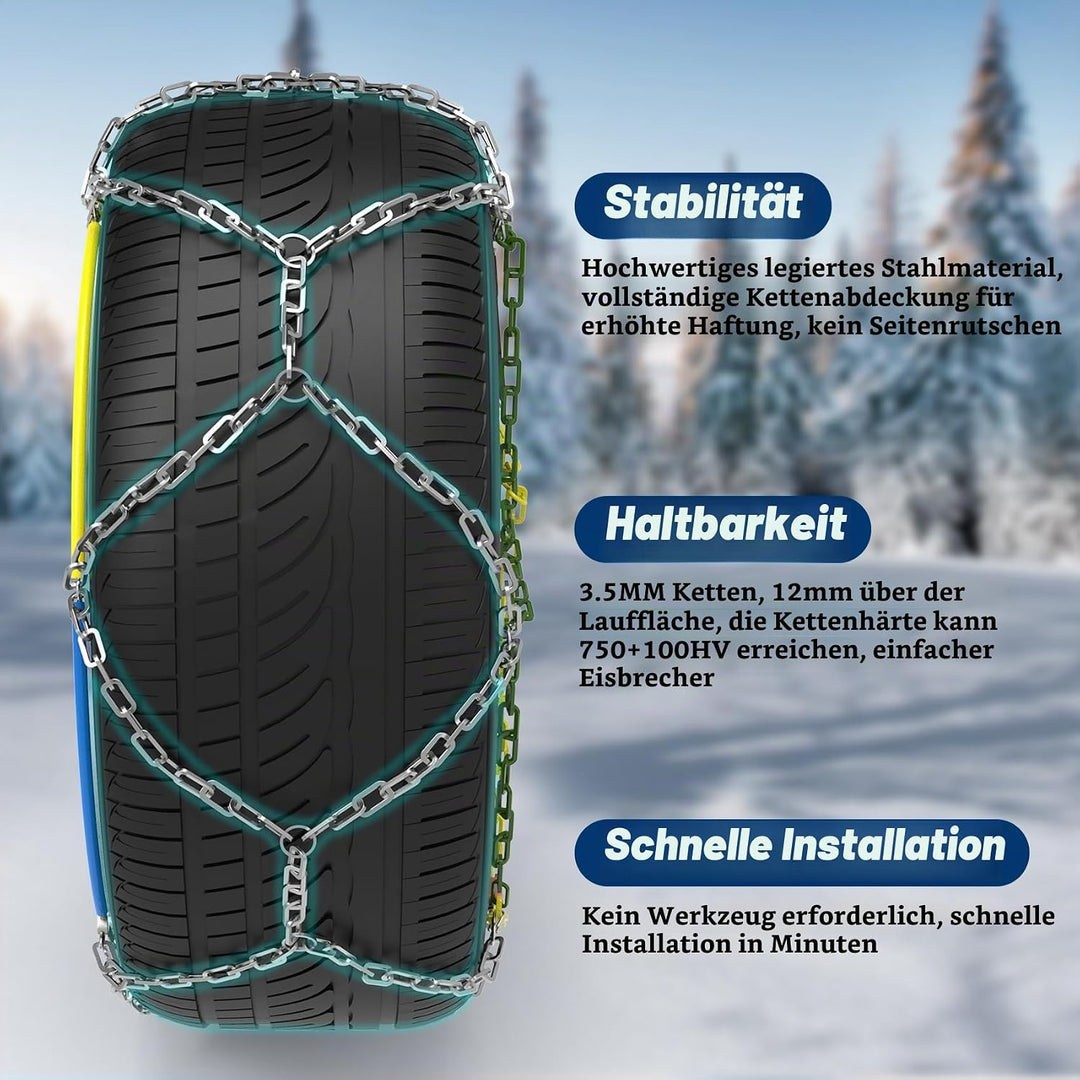Schneeketten Legierung Stahl, 2 Stück x 12mm, Auto Schneeketten mit automatischem Spanner, Langlebig