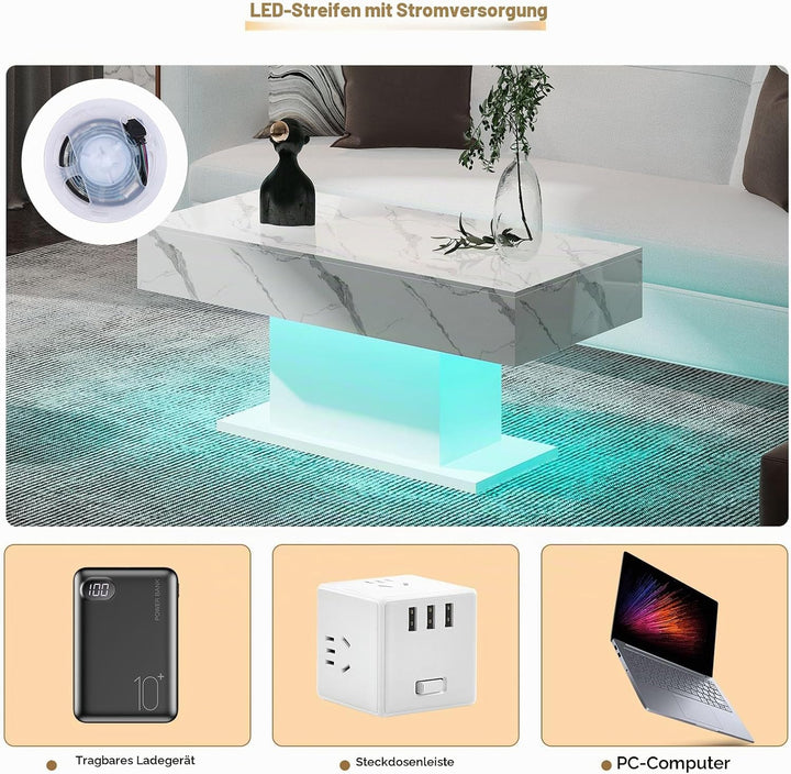 KEEPREAPER Couchtisch Hochglanz mit LED Beleuchtung modern Weiss marmor, Weiss Marmor