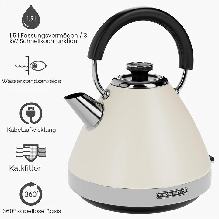 Morphy Richards Venture 100132 Wasserkocher, Pyramidenform, 1,5 l, 3 kW, Rapid Boil Cremefarben VENT