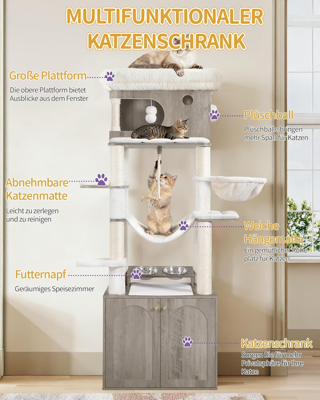 Hzuaneri Kratzbaum, Katzenbaum mit Katzenklo Schrank, Futterstation, 176 cm Hoch, mit grosser Plattf