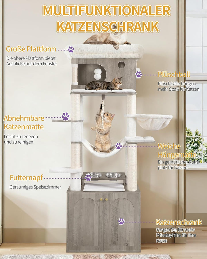 Hzuaneri Kratzbaum, Katzenbaum mit Katzenklo Schrank, Futterstation, 176 cm Hoch, mit grosser Plattf