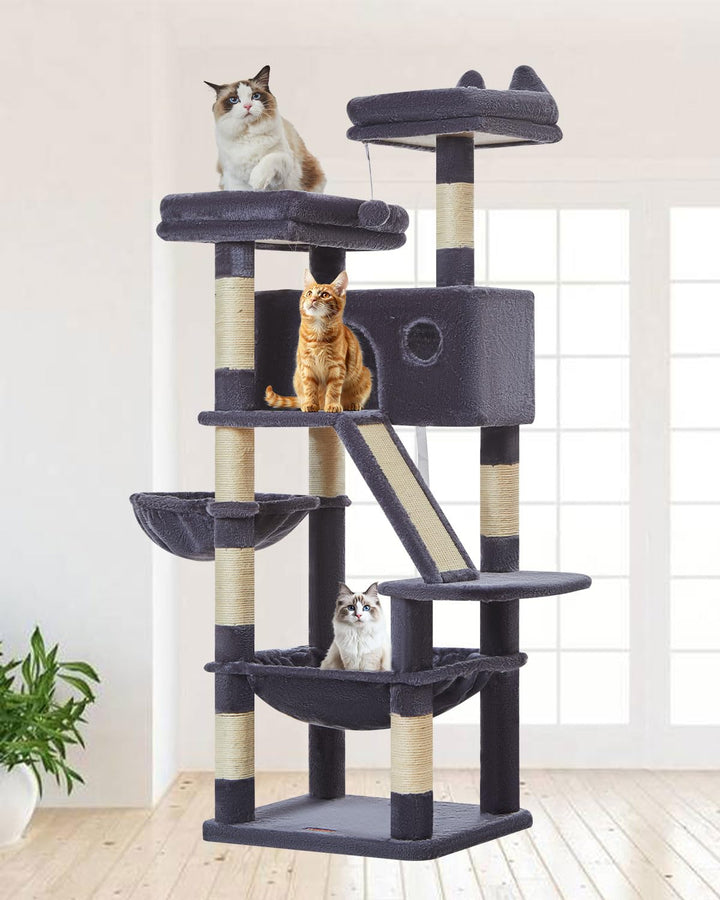Taoqimiao 146CM Kratzbaum Gross, Katzenbaum Katzen Kratzbaum Grosse Katzen Stabil mit 2 Katzenhaus,