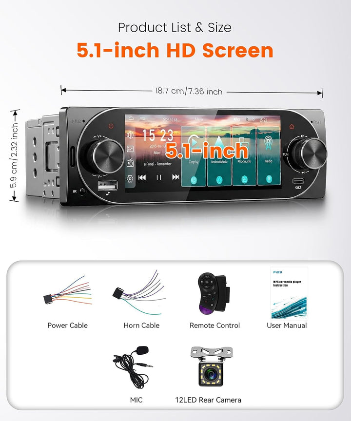 Rimoody Autoradio 1 Din 5,1 Zoll mit Wireless CarPlay - Android Auto, Bluetooth 5.2, 5.1“ IPS Touchs