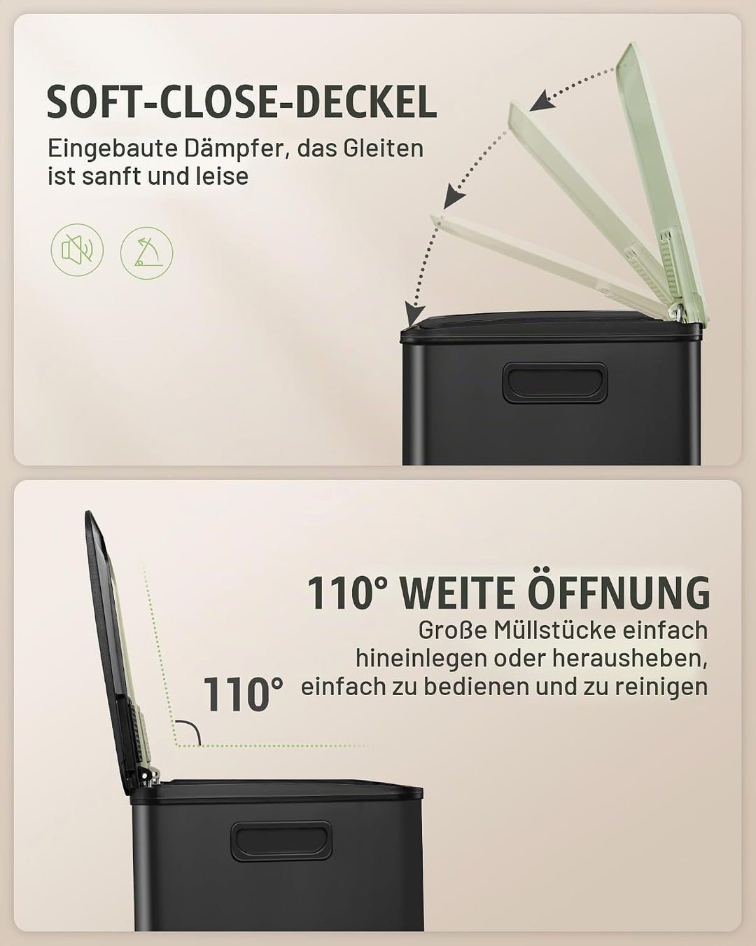 Hzuaneri Mülleimer Küche, 2 x 15 L, Mülltrennsystem 2 Fächer, Mülleimer mit Farbigem Soft-Close-Deck