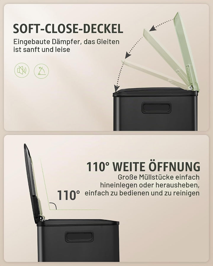 Hzuaneri Mülleimer Küche, 2 x 15 L, Mülltrennsystem 2 Fächer, Mülleimer mit Farbigem Soft-Close-Deck