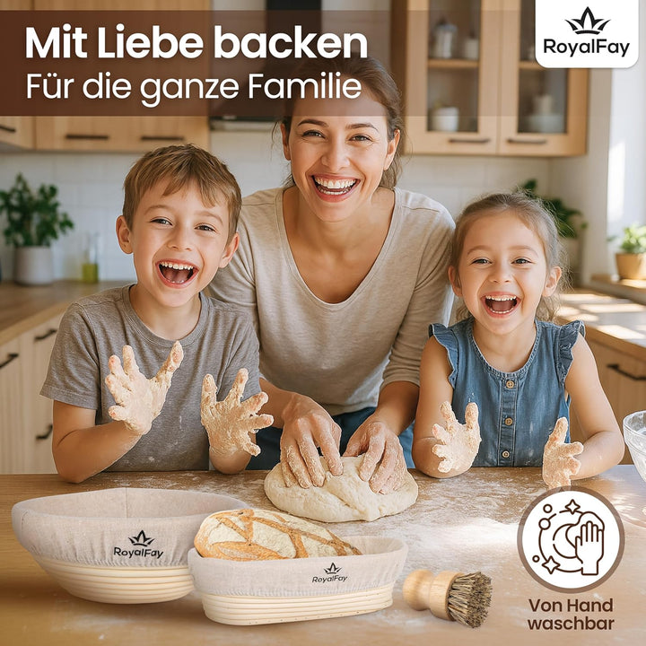 Gärkörbchen-Set – 1 ovaler (23cm) + 1 runder (23cm) Gärkorb aus atmungsaktiven Natur-Rattan – mit Me