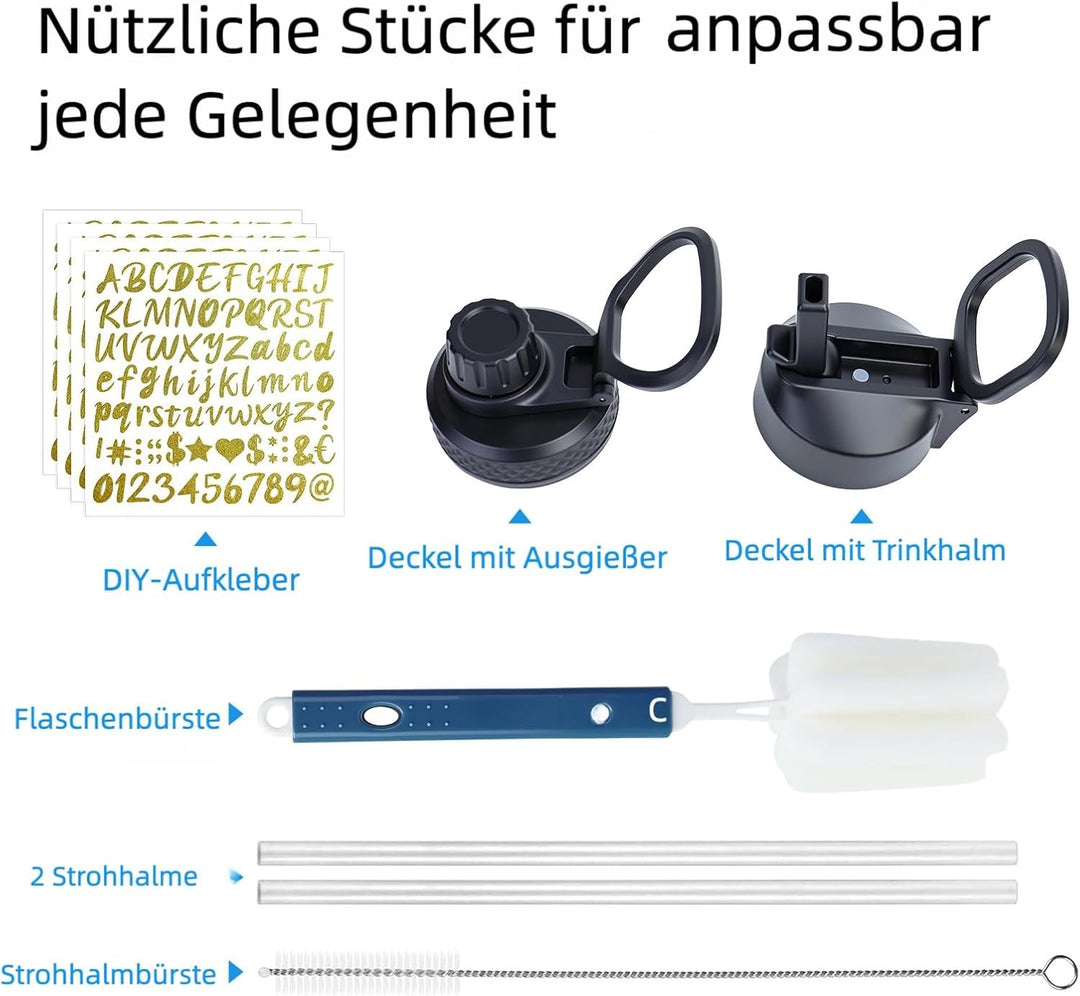 Edelstahl trinkflasche 1.2L - Isolierflasche mit Strohhalm &amp; 2 Deckeln - 100% Auslaufsicher - Reinig